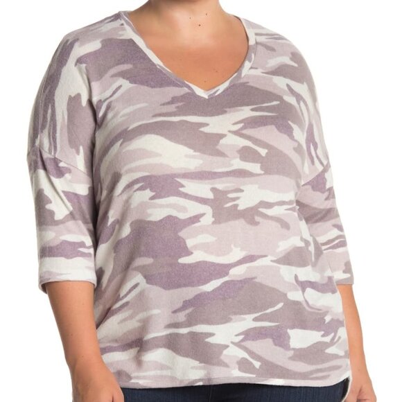 Premise Nordstrom Camo V-Neck Sweater ¾ Sleeve High Low Knit Gray White Size 1X - Picture 1 of 6